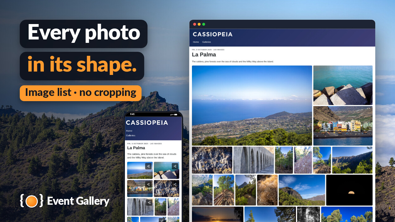 La Palma in the image list of Event Gallery on a desktop and a phone: rows of landscape and portrait photos, each in its own shape.