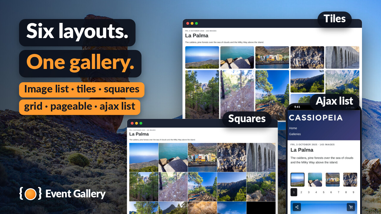 La Palma in three layouts of an event: tiles and squares on a desktop and a large image under a strip of thumbnails on a phone, each named.