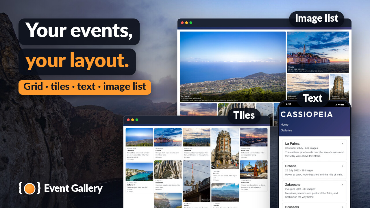 All events of a site in three layouts of the events list: an image list and tiles on a desktop, text on a phone, each named.