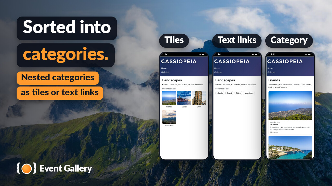 The category Landscapes on three phones: its subcategories as tiles and as text links, and the category Islands with its events.