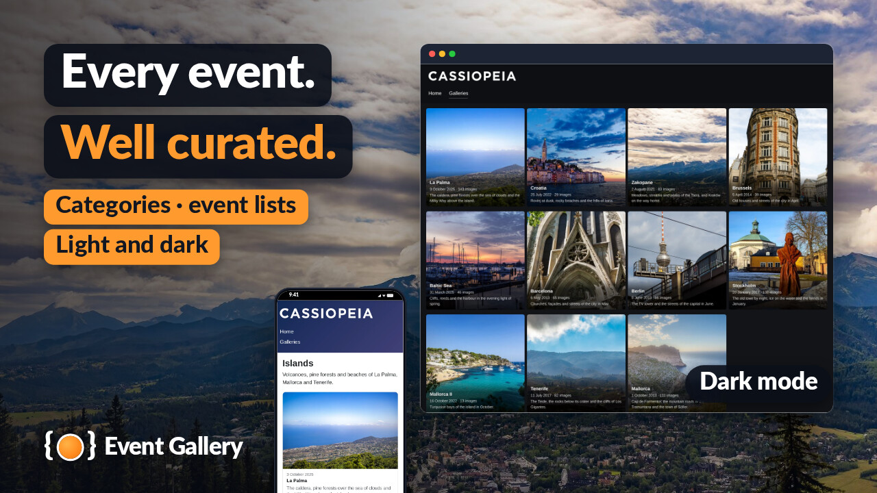 All events of a site as photo tiles in a dark template on a desktop, the category Islands on a phone.