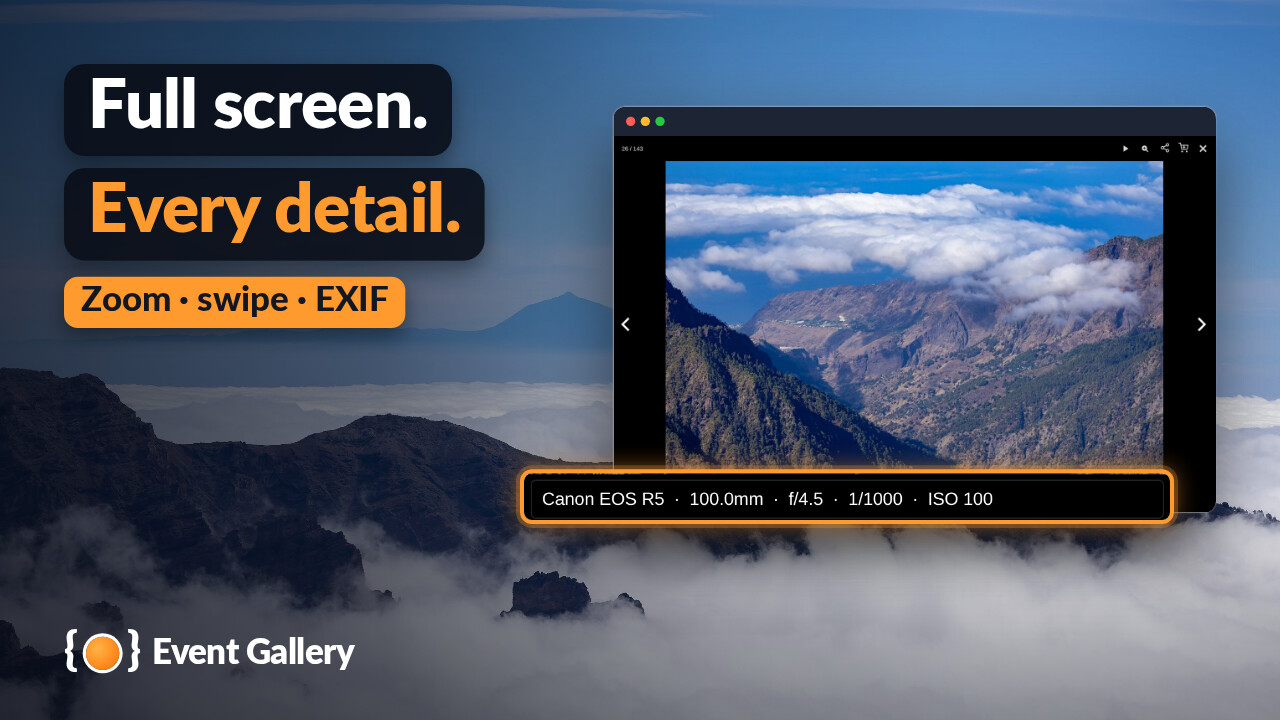The lightbox of Event Gallery with a mountain photo of La Palma, its toolbar and the camera data enlarged.