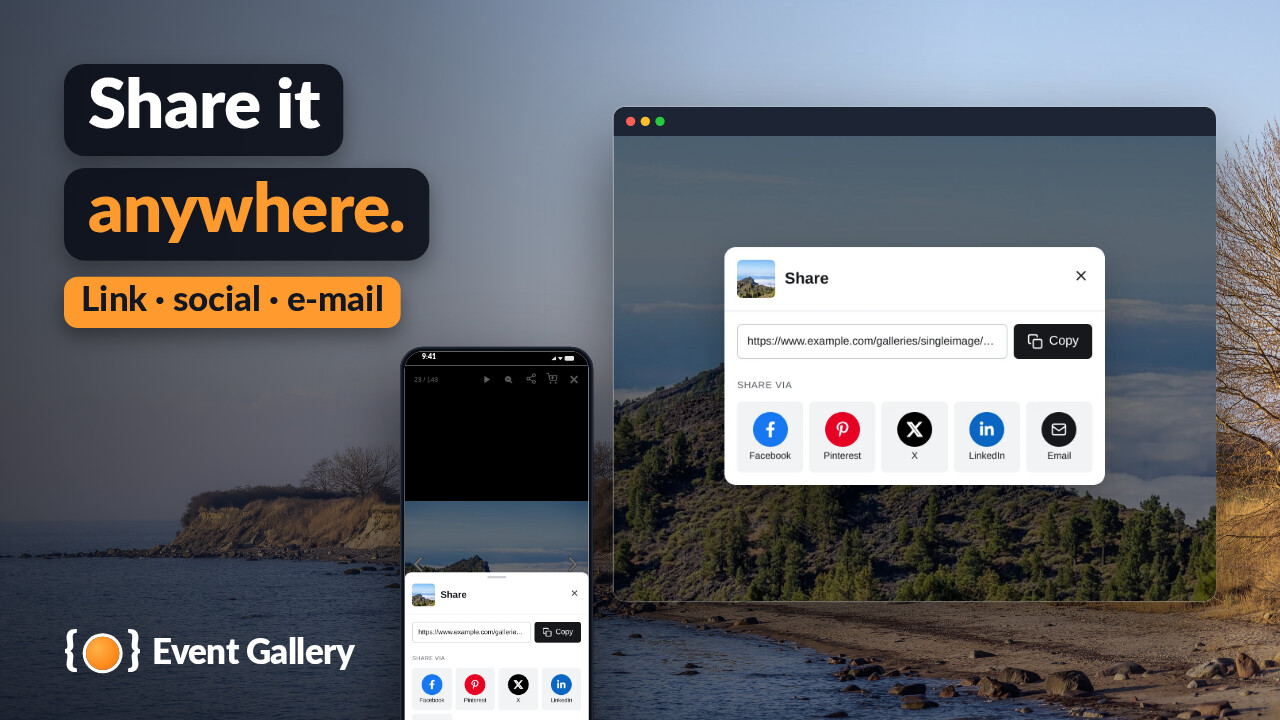 The share dialog of a photo of La Palma in the lightbox on a desktop and on a phone: its link to copy, Facebook, Pinterest, X, LinkedIn and e-mail.