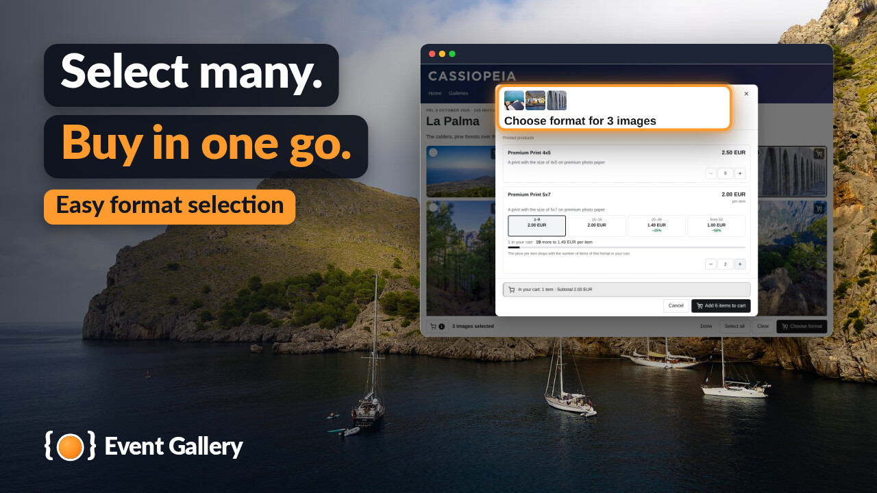 Three photos ticked in the buy mode and the format dialog for the selection, its head - the three photos and Choose format for 3 images - enlarged.