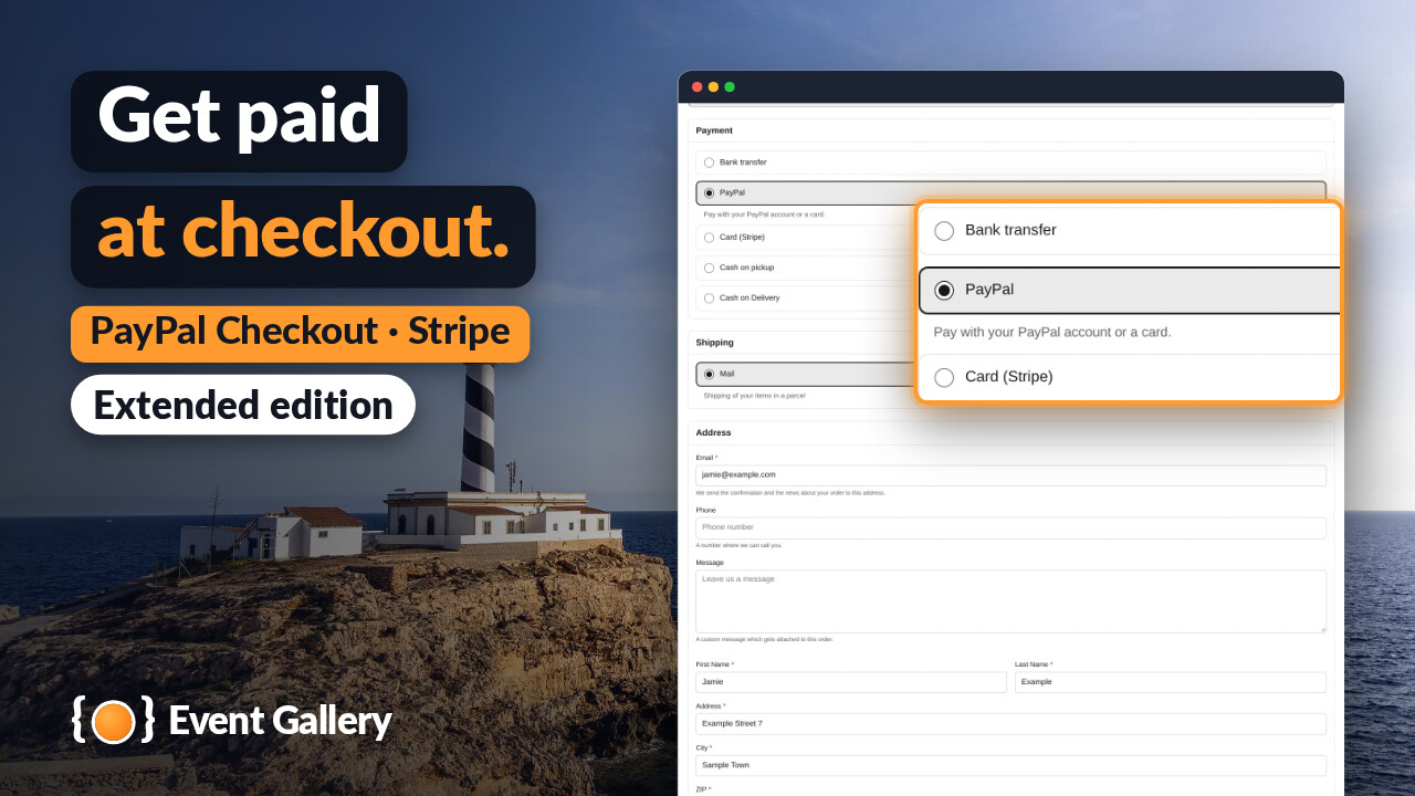 The checkout with the payment methods Bank transfer, PayPal and Card (Stripe), enlarged.