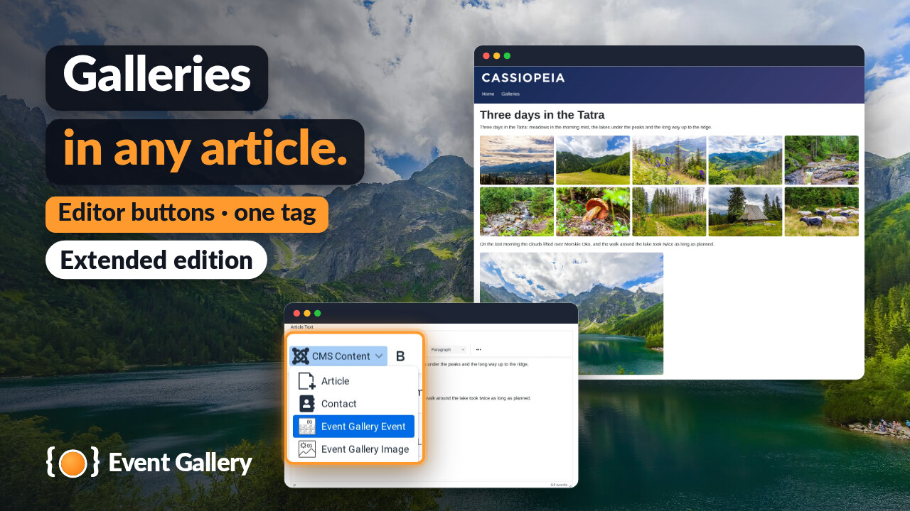 An article with a gallery and an inline photo of the Tatra; in front the editor with the buttons Event Gallery Event and Event Gallery Image.