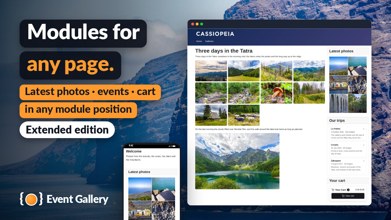 An article page with the modules Latest photos, Our trips and Your cart in the sidebar, and the modules on a phone.