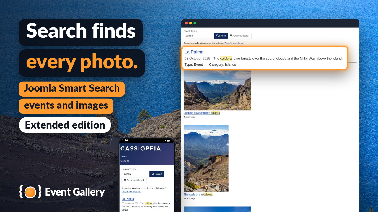 Joomla Smart Search finds the event La Palma and six of its photos with their thumbnails for the word caldera; the result of the event enlarged.