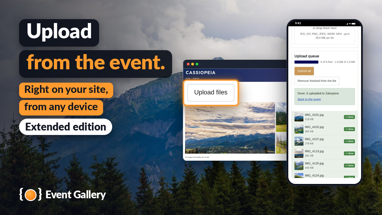The upload page of the site on a phone with six photos done, the button Upload files of the event enlarged.