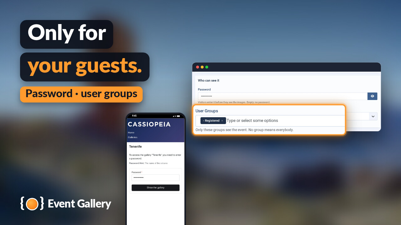 The card Who can see it of an event with a password and the user group Registered, and the password page on a phone.