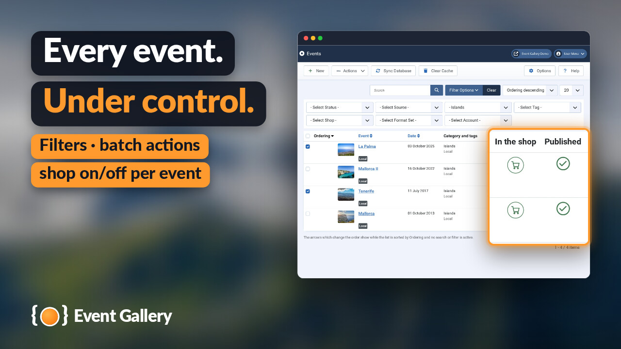 The event list of the backend filtered to Islands, two events ticked, the switches In the shop and Published enlarged.
