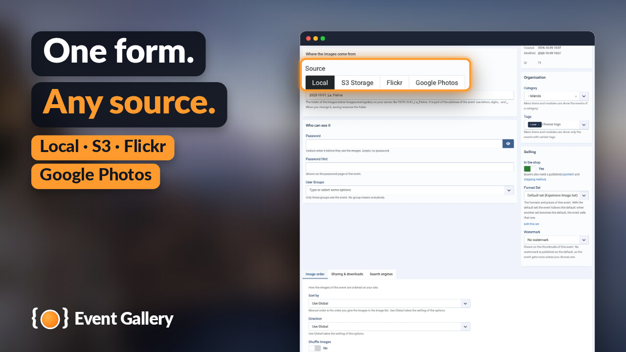 The event form with the sources Local, S3 Storage, Flickr and Google Photos enlarged.