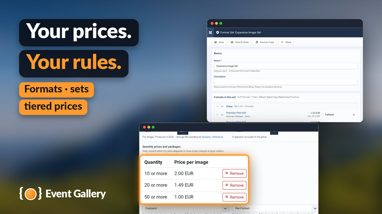 A format with the tiered prices 2.00, 1.49 and 1.00 EUR enlarged, and its format set behind.