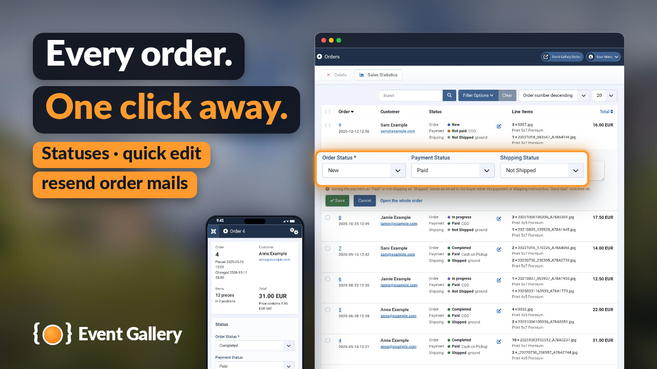 The order list with the quick edit of an order open - order, payment and shipping status enlarged - and an order on a phone.