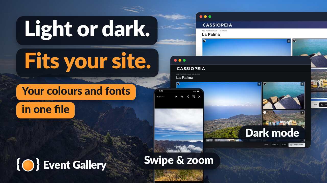 The same gallery in light and in dark mode, and the lightbox on a phone.