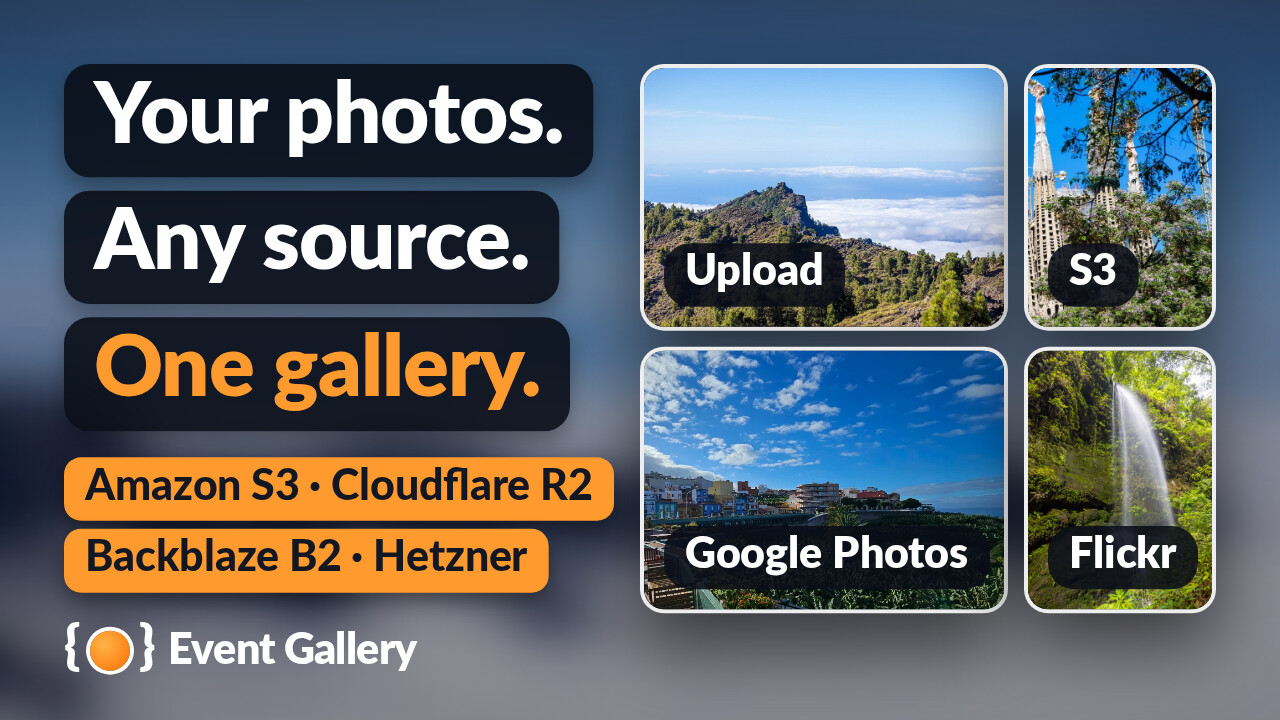 Four photos, one each from an upload, S3 storage, Flickr and Google Photos.